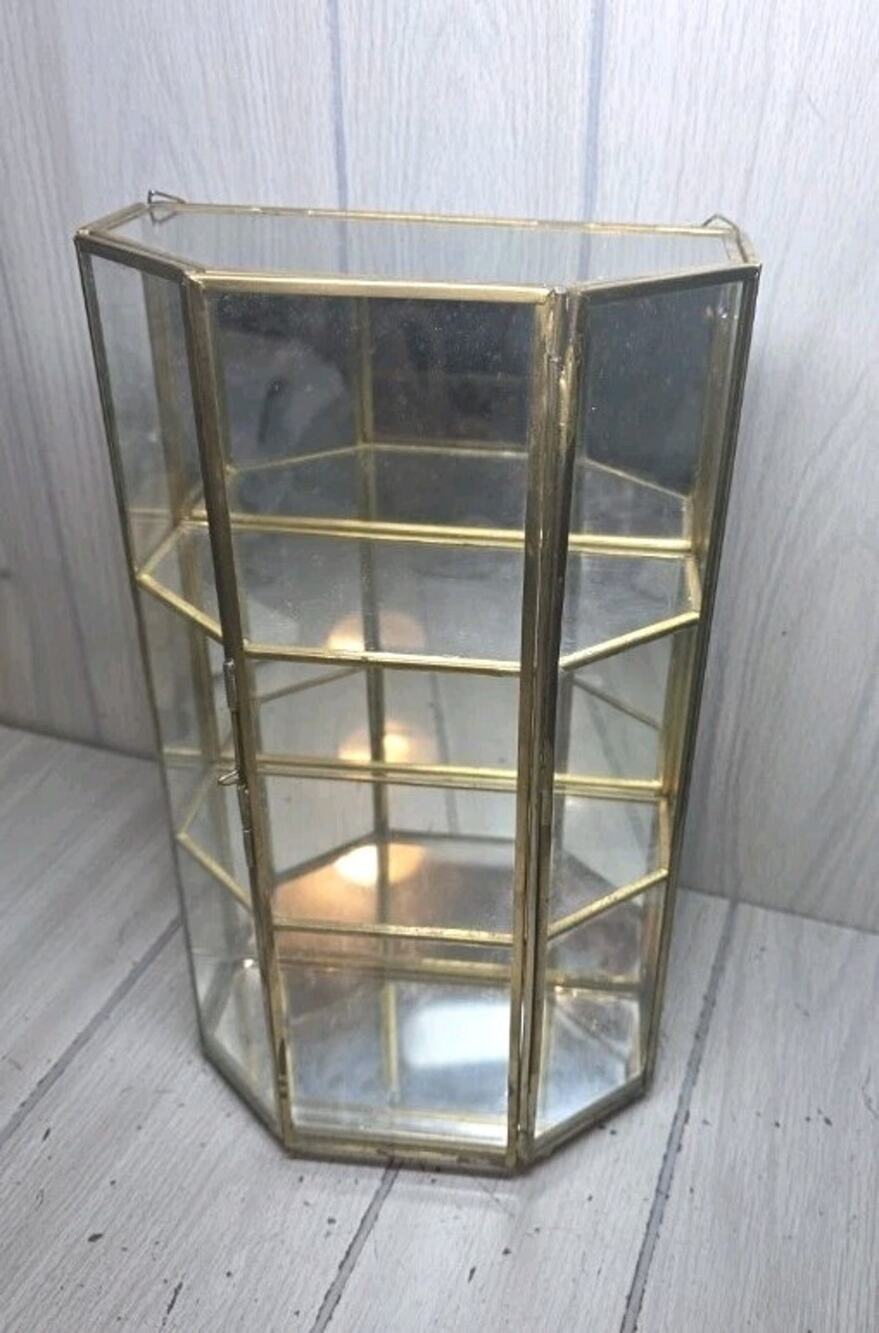 Vtg Glass Mirror Brass Curio Trinket Display Cabinet 3 Shelves Miniatures FLAW